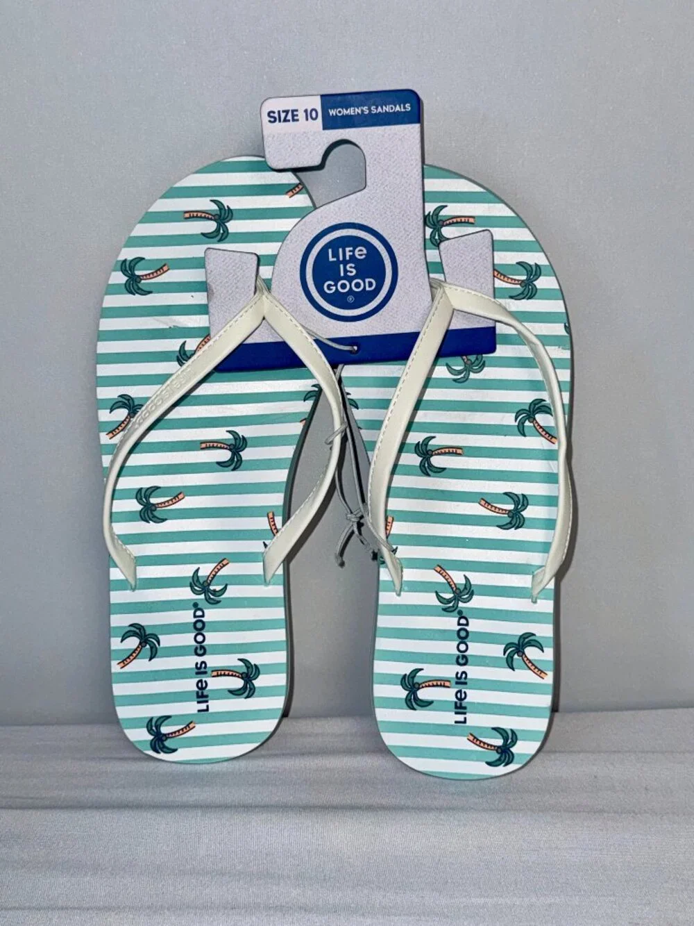 NWT 10 Women's LIFE IS GOOD Palm Trees Flip-Flops Sandals Tropical Green Stripe